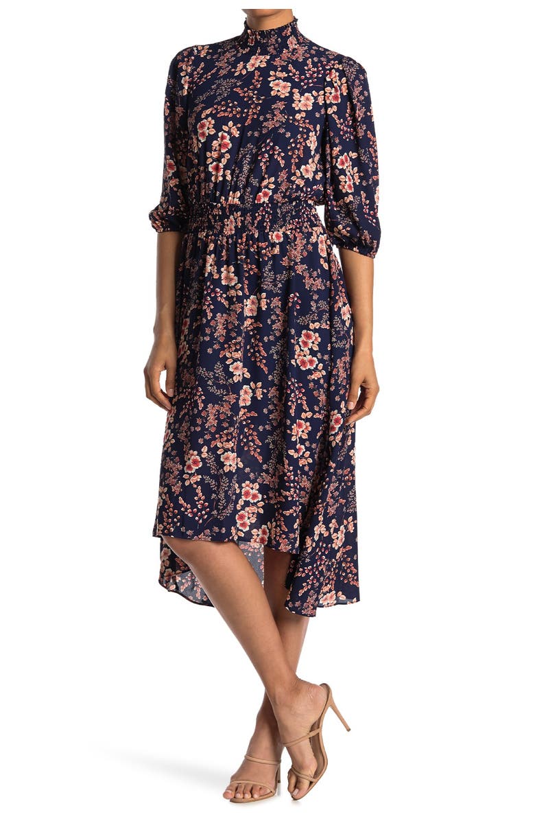 NANETTE NANETTE FOOTWR Smock Neck Long Sleeve Floral Print Waist Dress, Main, color, 