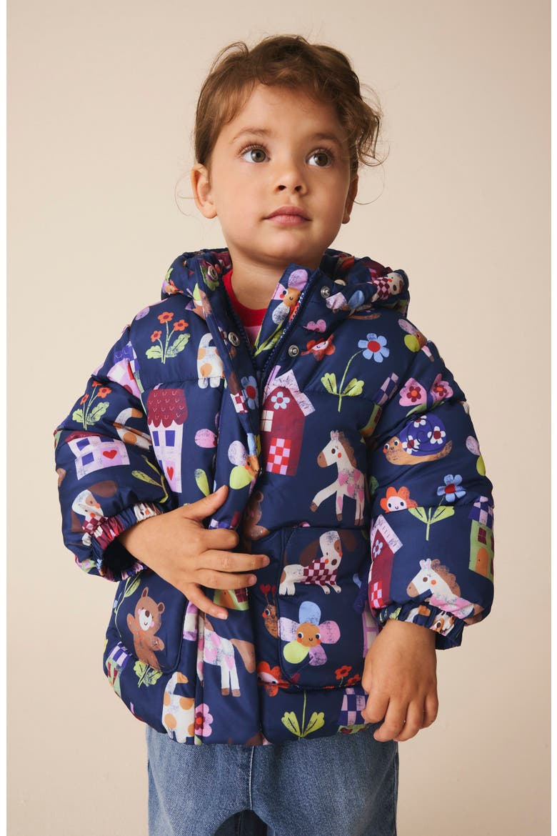 Kids' Print Hooded Puffer Jacket, Alternate, color, BLUE