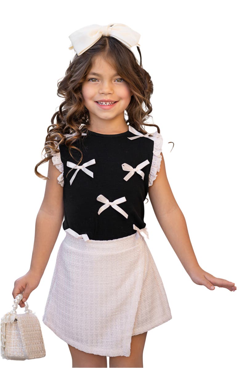 Mia Belle Girls Girls Black Bow Ribbed Top and Cream Tweed Skort Set, Main, color, Black