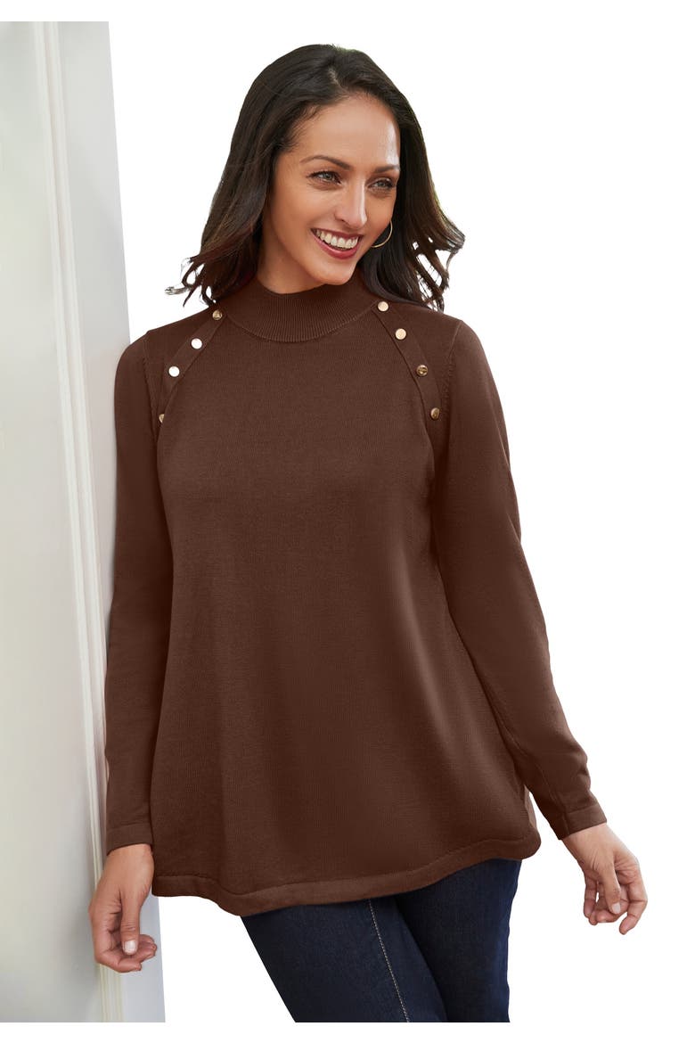 Gold Button Mockneck Sweater, Main, color, RICH BROWN