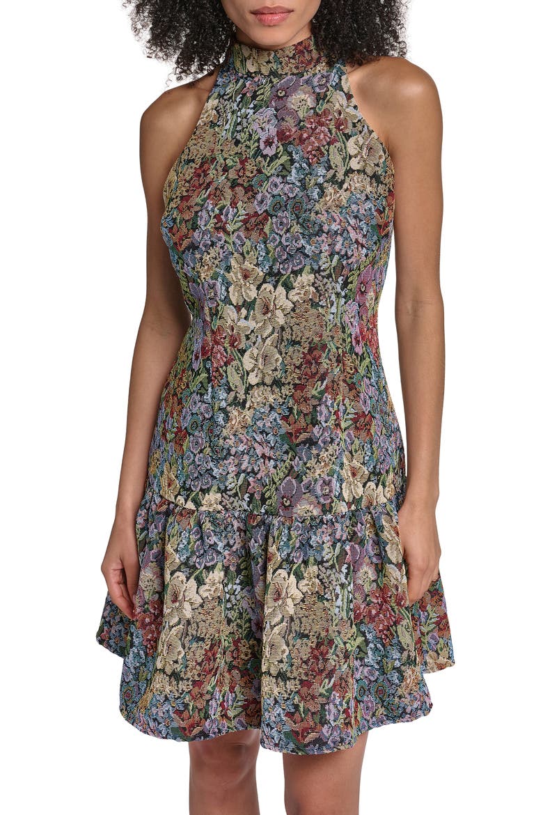 Floral Jacquard Drop Waist Minidress, Alternate, color, VIENNA BLUE MULTI