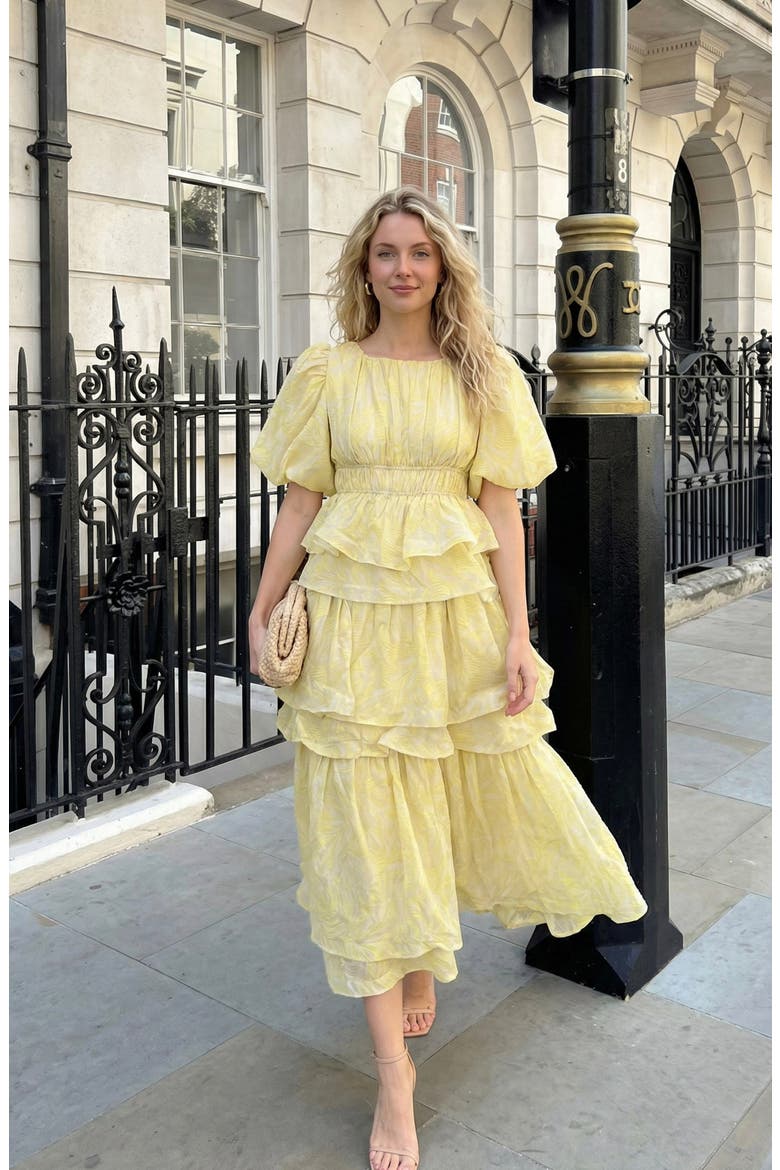 Puff Sleeve Tiered Ruffle Midi Dress, Alternate, color, Pale Yellow