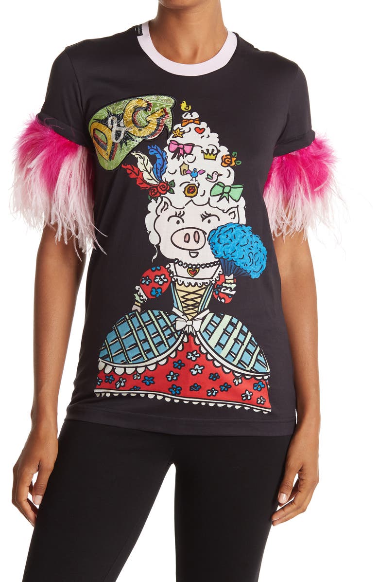 Dolce&Gabbana Graphic Print Feather Trim Crew Tee, Main, color, 