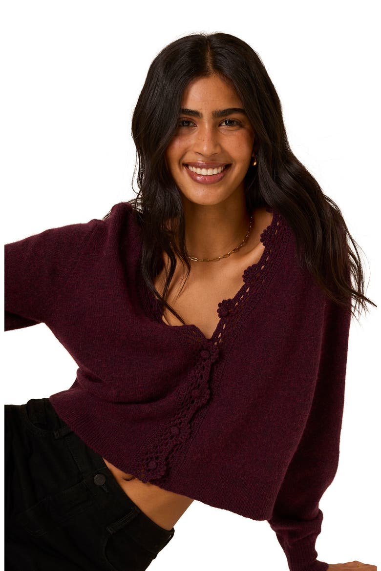 Crochet Trim Cardigan, Alternate, color, DARK RED