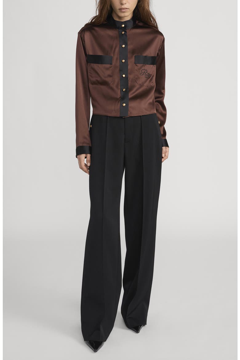 x The Ritz Paris Silk Satin Button-Up Shirt, Alternate, color, CHOCOLATE BROWN