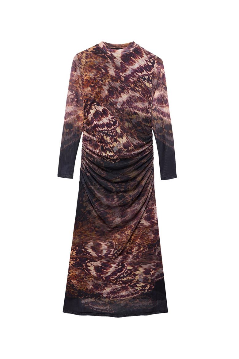 Long Sleeve Printed Mesh Midi Dress, Alternate, color, Burgundy