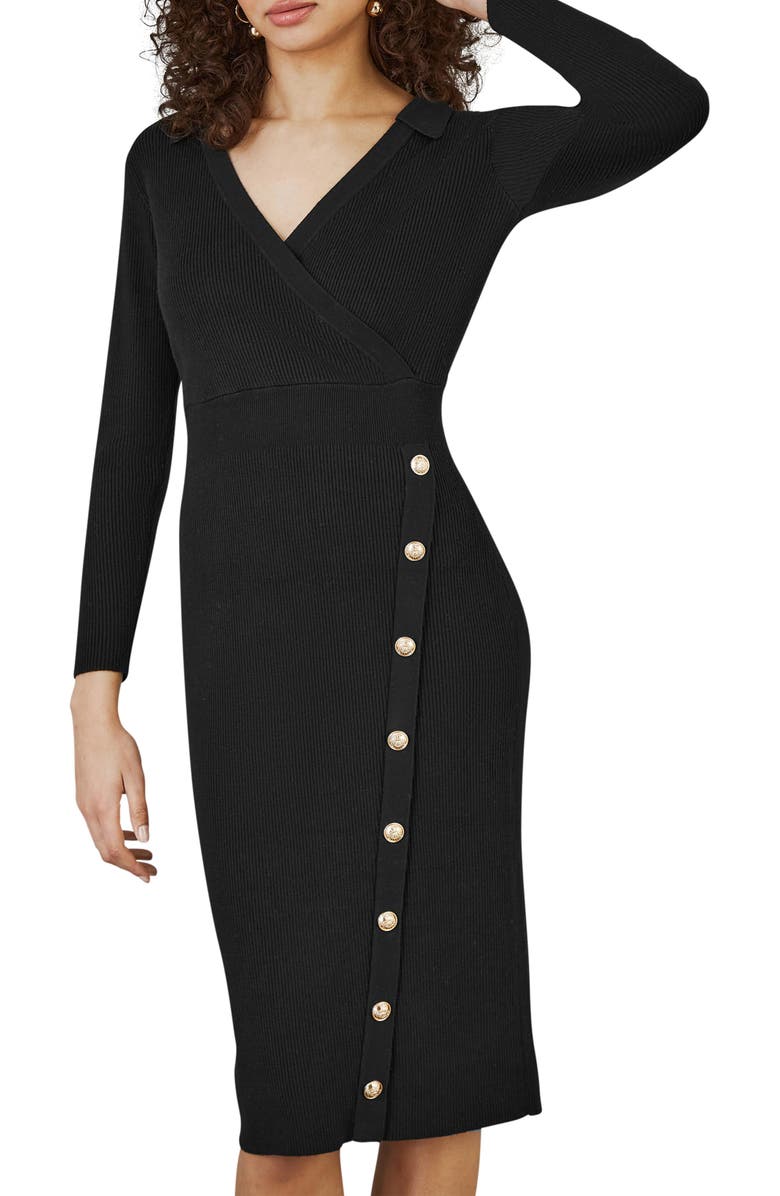 Yumi Knitted Button Detailed Midi Dress, Alternate, color, Black