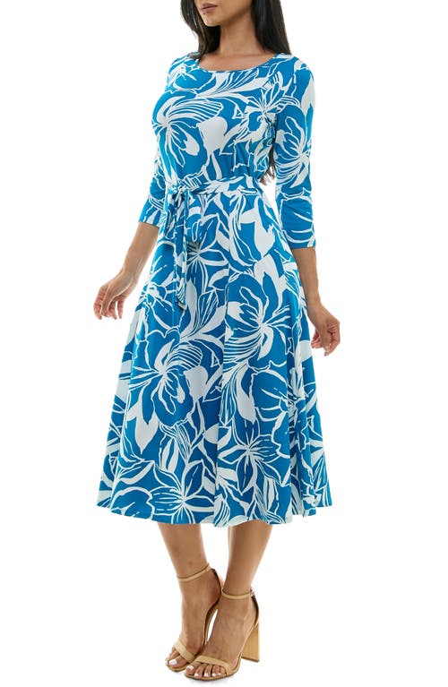 Shop Nina Leonard Crewneck Three-quarter Sleeve Midi Dress In Jaybird/white