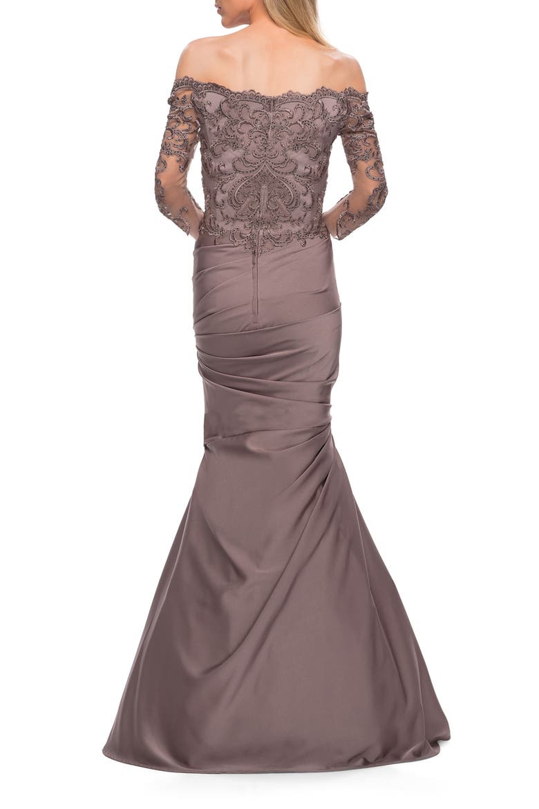 Satin Mermaid Gown with Off the Shoulder Lace Bodice, Alternate, color, Cocoa