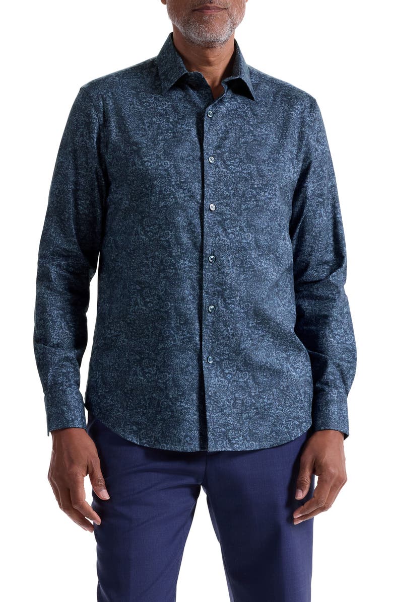 Bugatchi Julian Shaped Fit Paisley Cotton Button-Up Shirt, Main, color, Navy