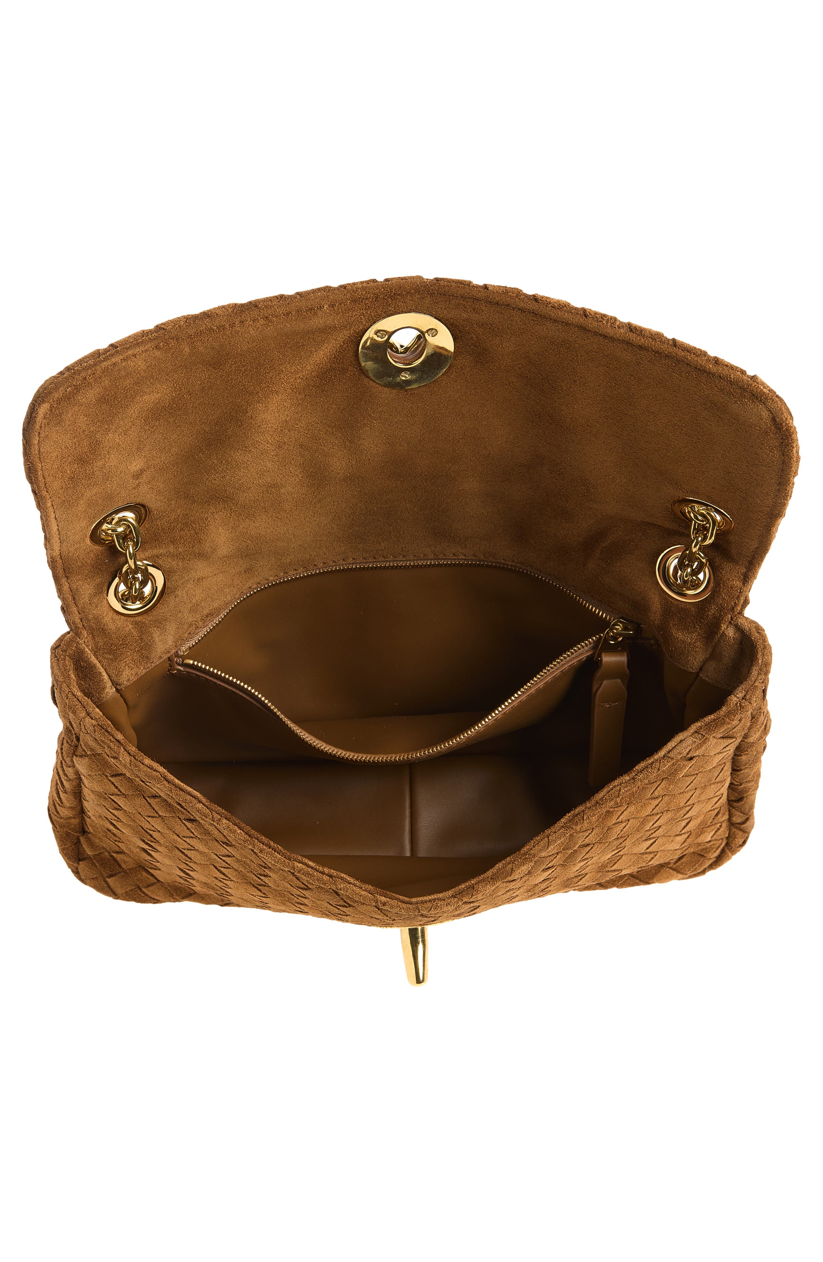 Small Madison Intrecciato Suede Leather Shoulder Bag, Alternate, color, 9874 DARK CARAMEL 20-MB