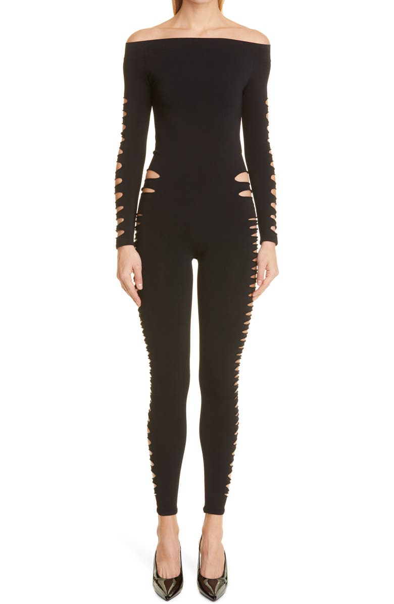 Saint Laurent Off the Shoulder Cutout Catsuit, Main, color, 