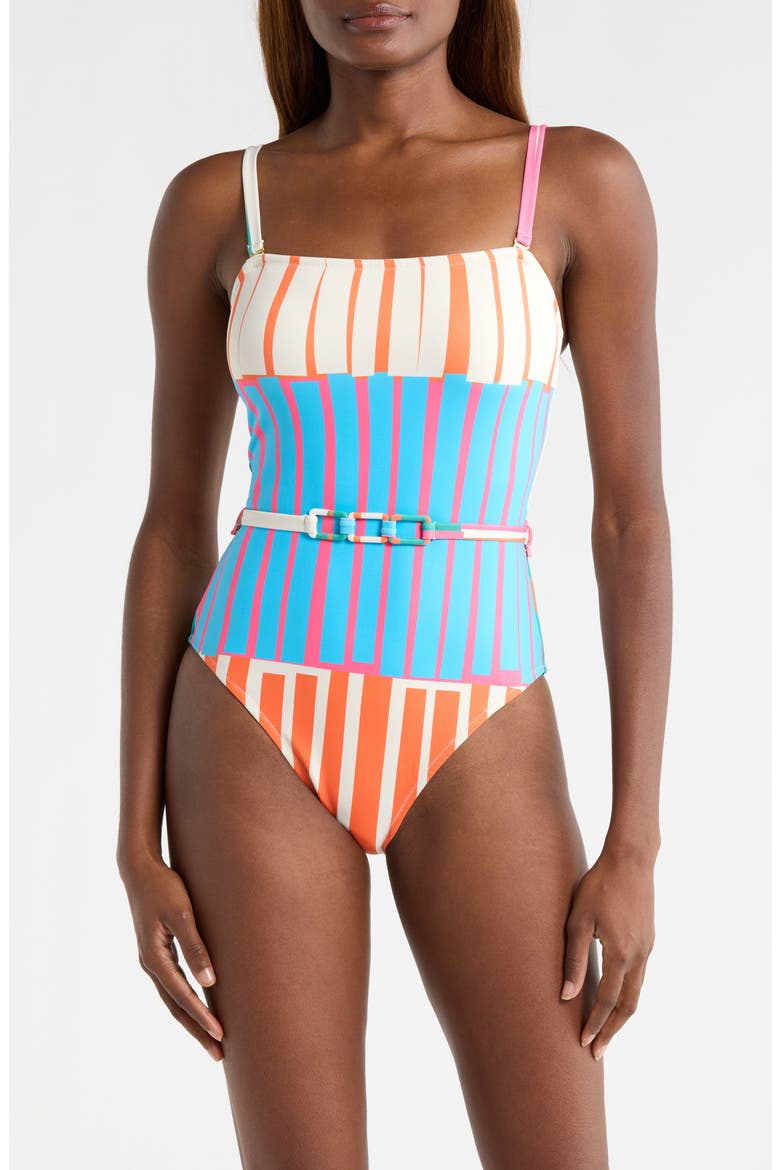 Chain Belt One-Piece Swimsuit, Alternate, color, FUCHSIA STRIPES