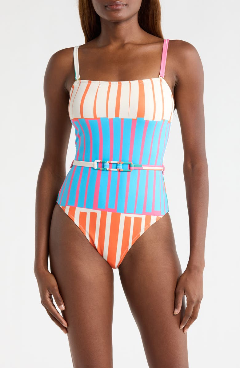 Hutch Chain Belt One-Piece Swimsuit, Alternate, color, Fuchsia Stripes