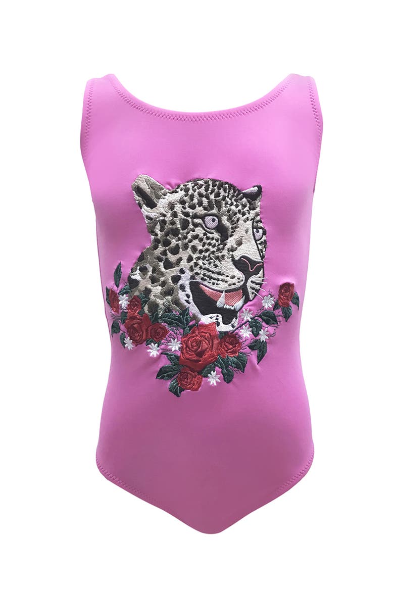 Embroidered Leopard & Rose Appliqué One-Piece Swimsuit, Toddler, Little Kid-Big Kid, Main, color, Pink