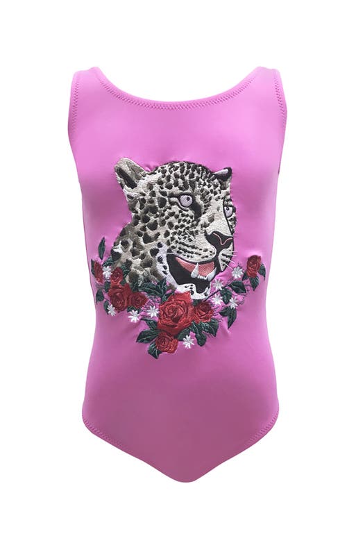 Nessi Byrd Embroidered Leopard & Rose Appliqué One-piece Swimsuit, Toddler, Little Kid-big Kid In Pink
