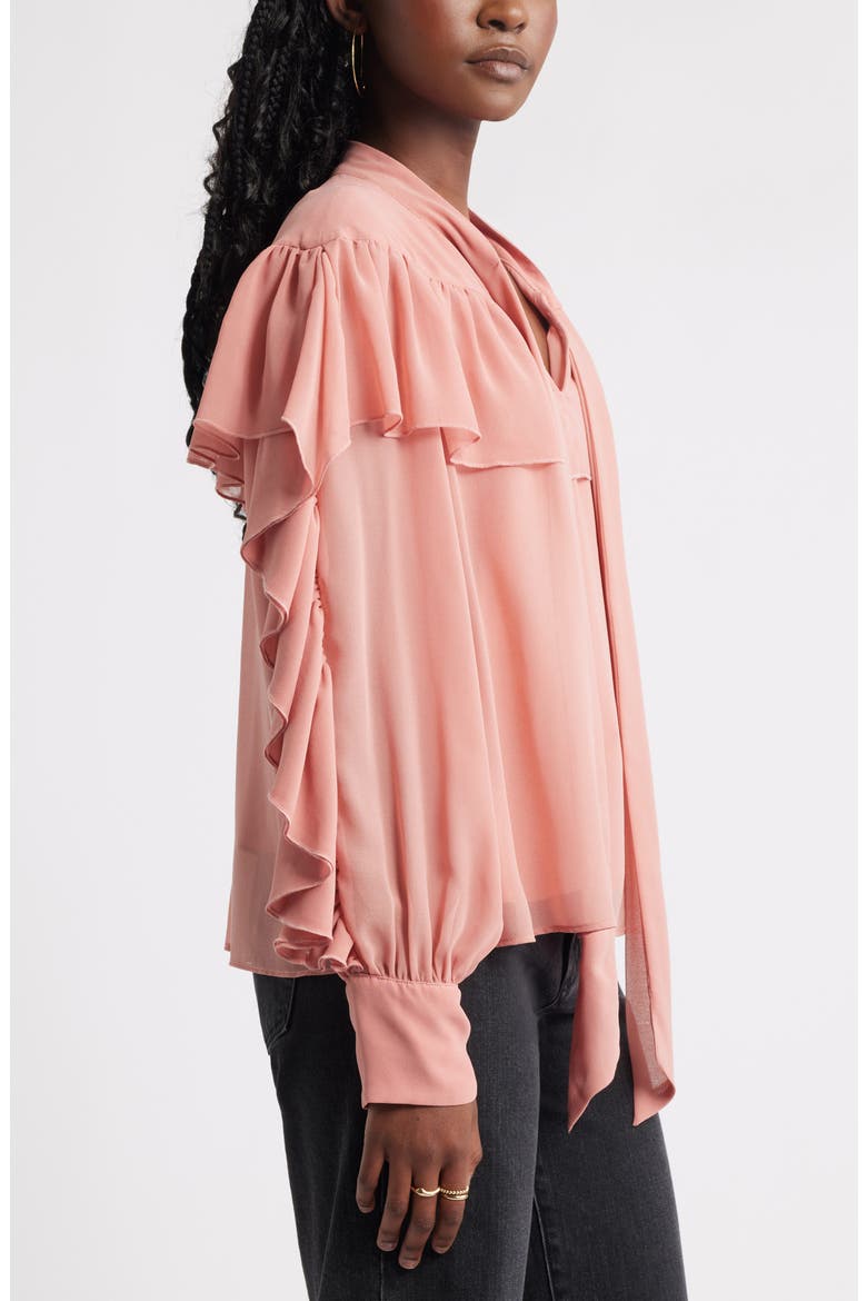 Tie Neck Ruffle Chiffon Top, Alternate, color, PINK DESERT