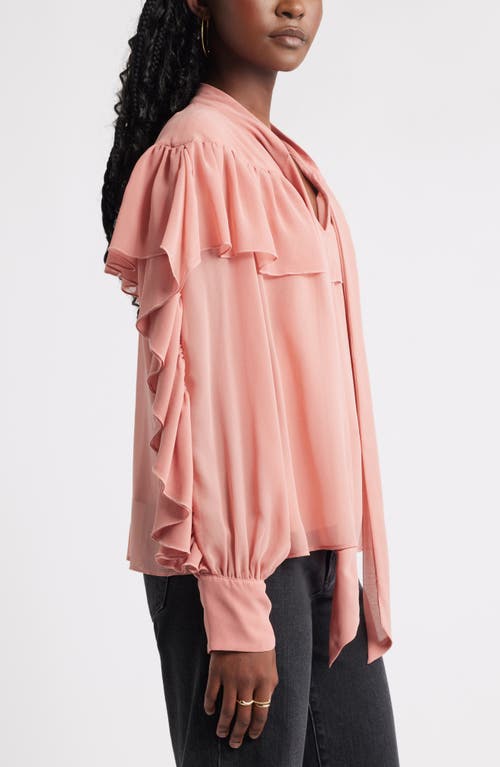 Treasure & Bond Tie Neck Ruffle Chiffon Top In Pink