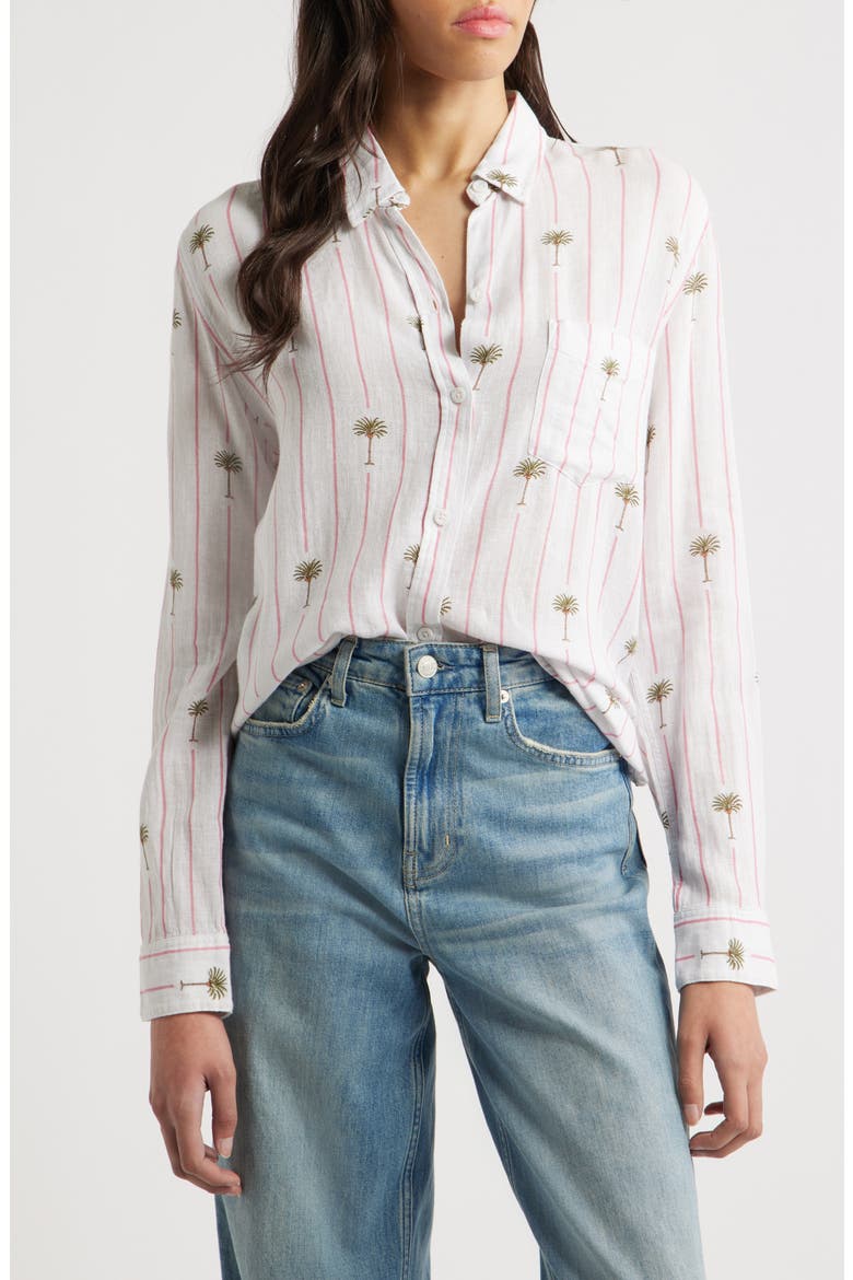Charli Stripe Palm Tree Print Linen Blend Button-Up Shirt, Main, color, PINK PALM STRIPE