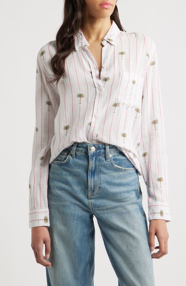 Rails Charli Stripe Palm Tree Print Linen Blend Button-Up Shirt, Main, color, Pink Palm Stripe