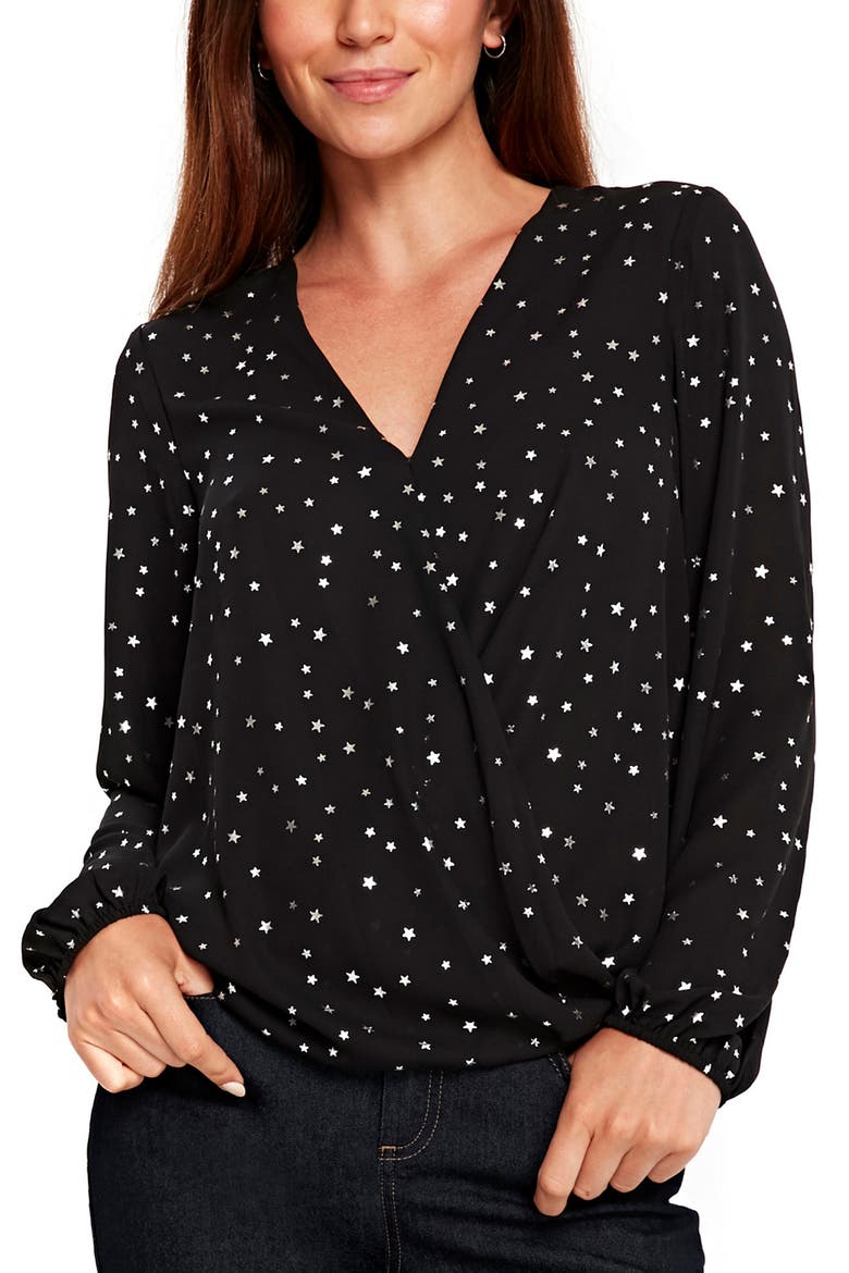 Star Print Wrap Top, Main, color, BLACK