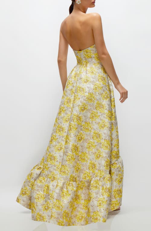 Dessy Collection Metallic Jacquard Corset High/low Gown In Golden Yellow