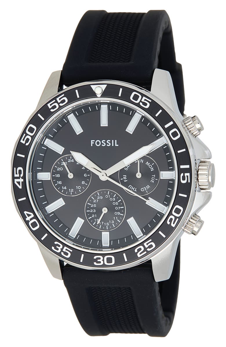 Fossil Bannon Multifunction Black Silicone Watch, Main, color, Silver
