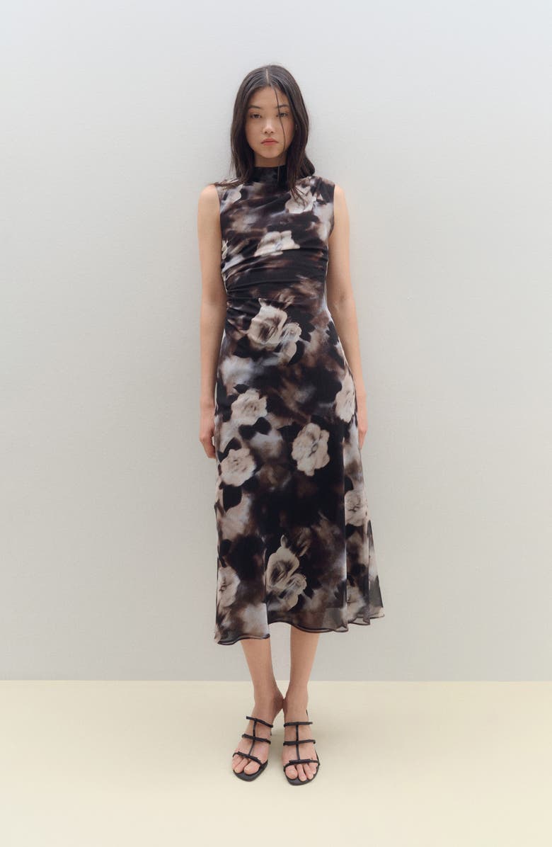 MANGO Floral Print Ruched Sleeveless Maxi Dress, Alternate, color, Brown