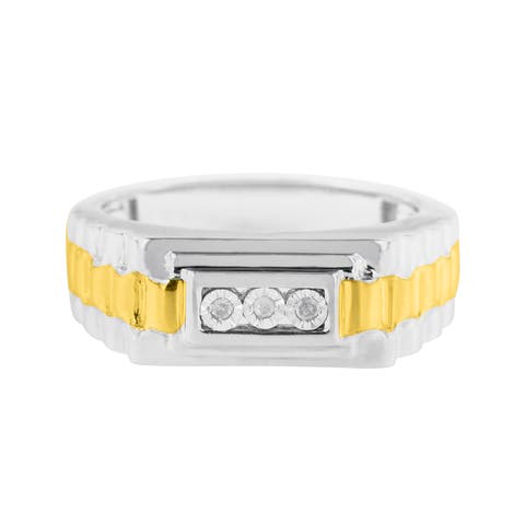 Men's 10K Yellow Gold Plated Silver Diamond Accent 3 Stone Ridged Band Ring
