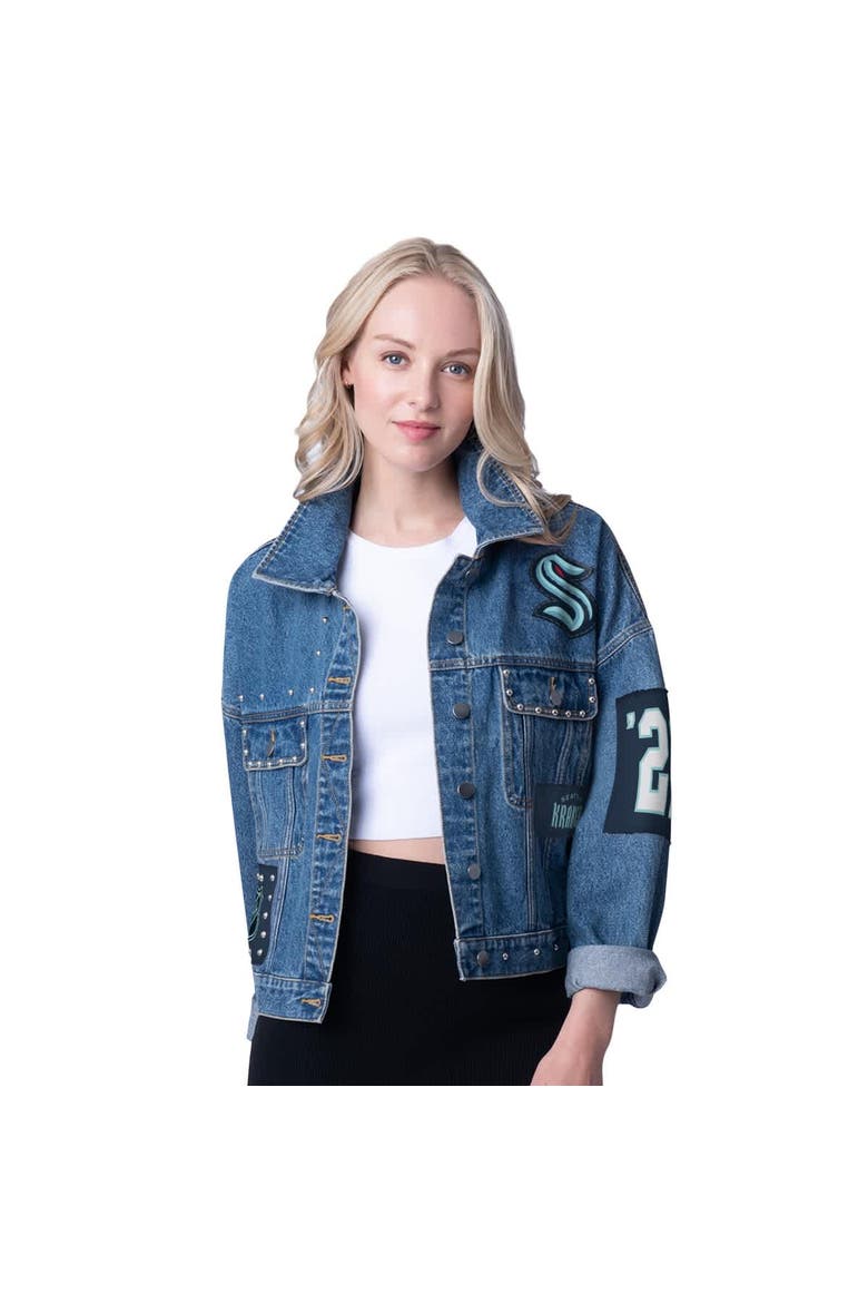 Women's G-III 4Her by Carl Banks  Seattle Kraken Game Ball Cropped Button-Up Denim Jacket, Main, color, Denim