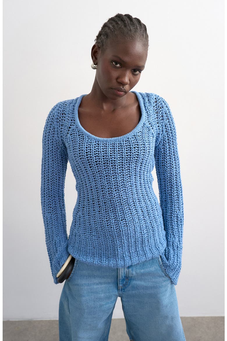 Open Stitch Scoop Neck Sweater, Main, color, MBLUE