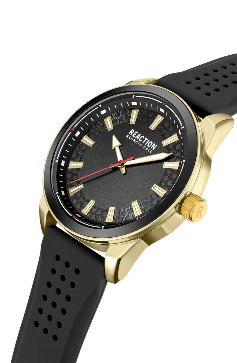 Kenneth Cole Reaction Perforated Silicone Strap Watch, 48mm, Alternate, color, Black