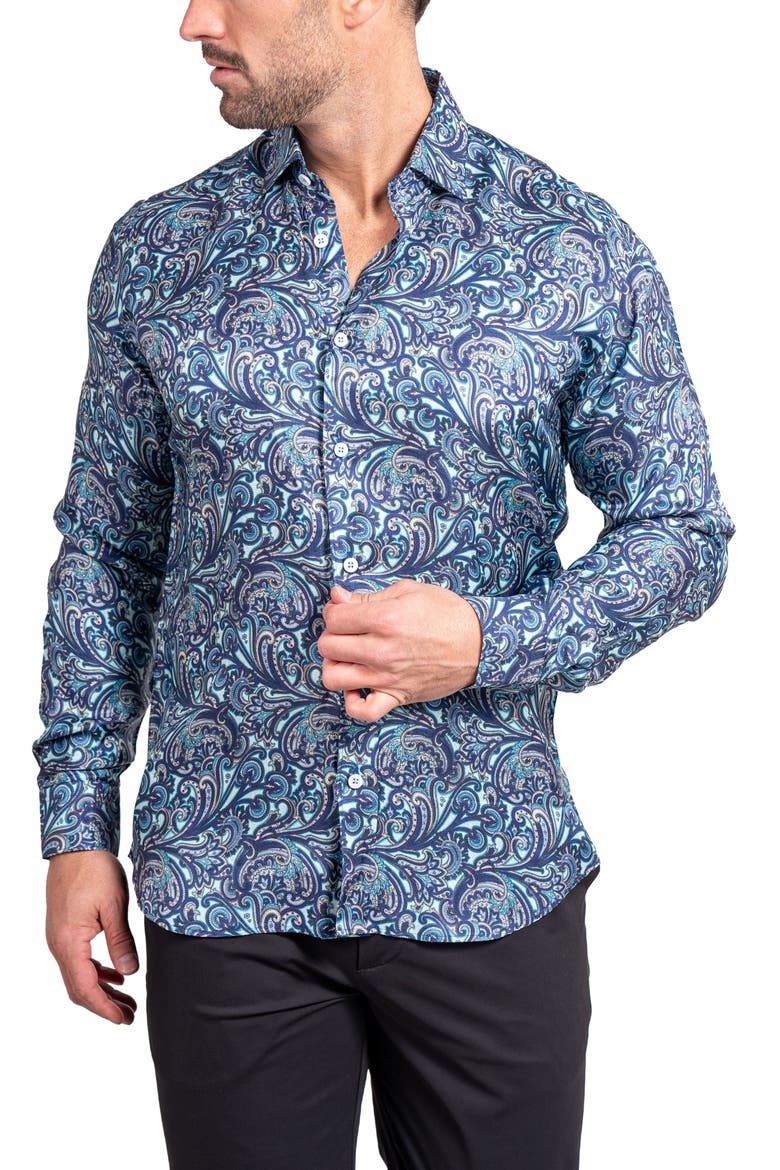 Fibonacci Ascension 0219 Paisley Contemporary Fit Button-Up Shirt, Alternate, color, BLUE