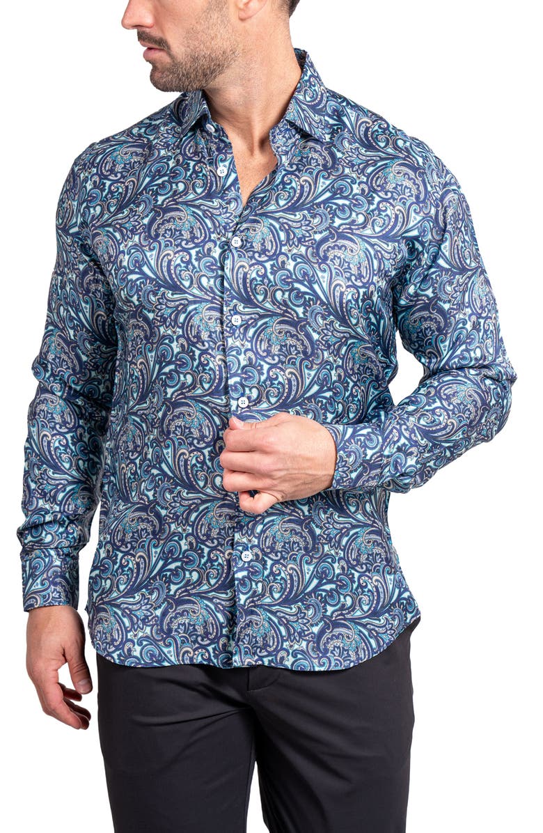 Maceoo Fibonacci Ascension 0219 Paisley Contemporary Fit Button-Up Shirt, Alternate, color, Blue