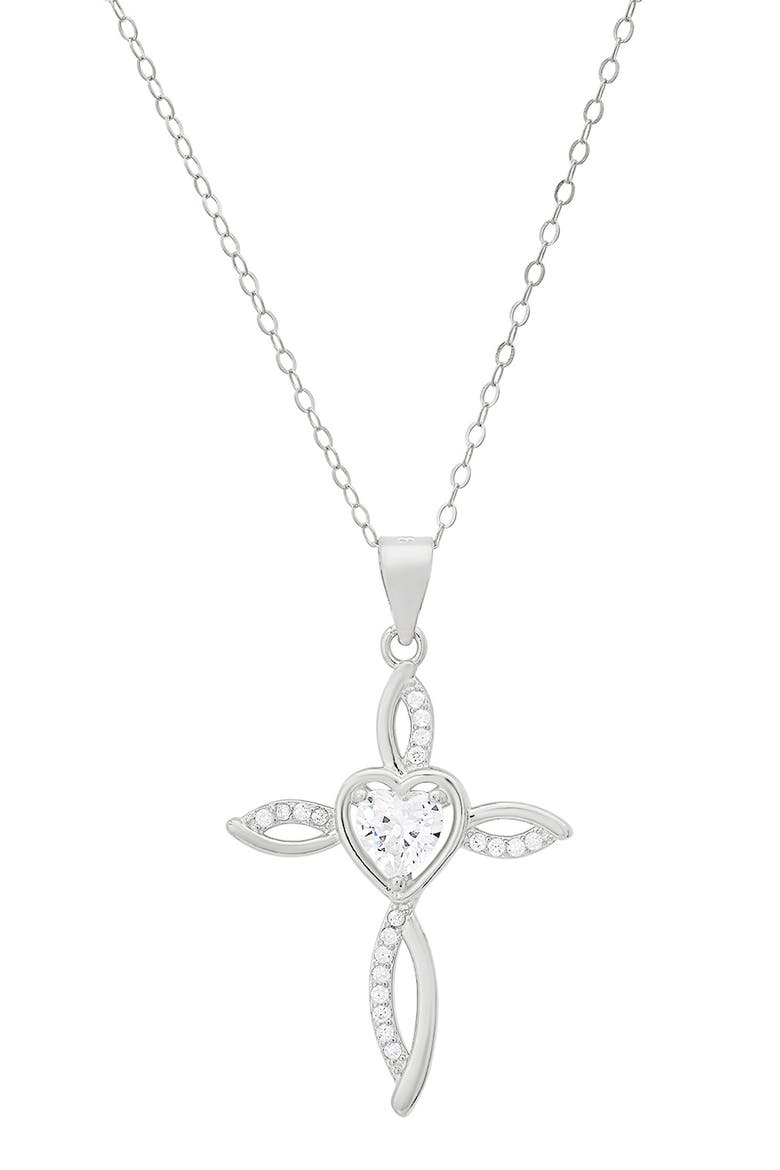 Cubic Zirconia Heart Swirl Cross Pendant Necklace, Main, color, SILVER