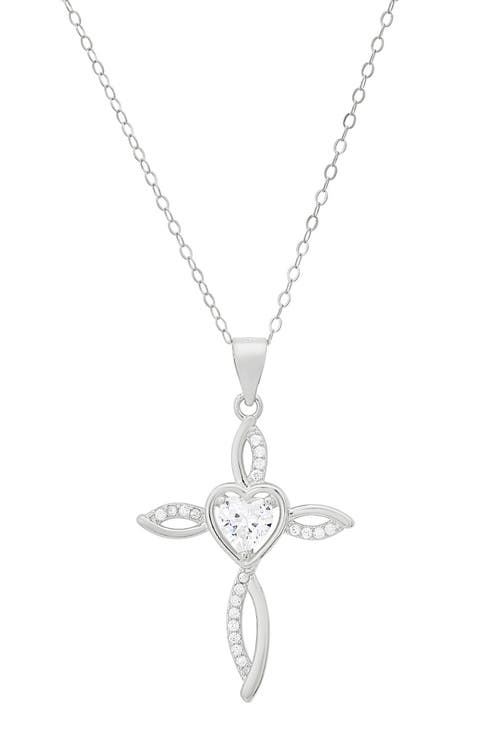 Cubic Zirconia Heart Swirl Cross Pendant Necklace
