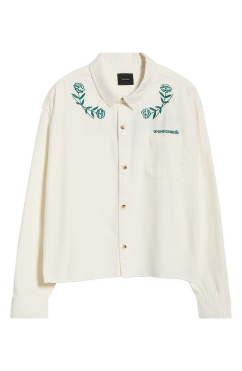 Touché Floral Embroidered Cotton Button-Up Shirt Jacket