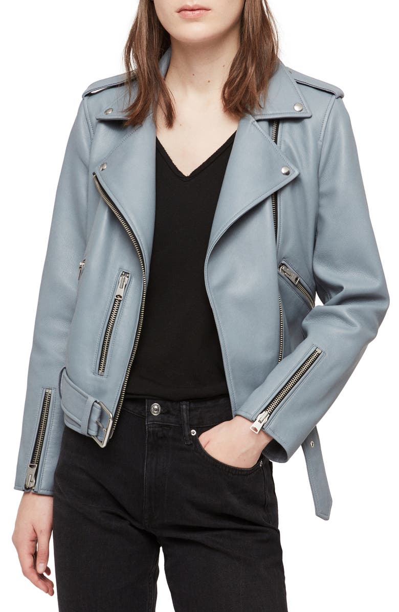 AllSaints Balfern Lambskin Leather Biker Jacket, Main, color,