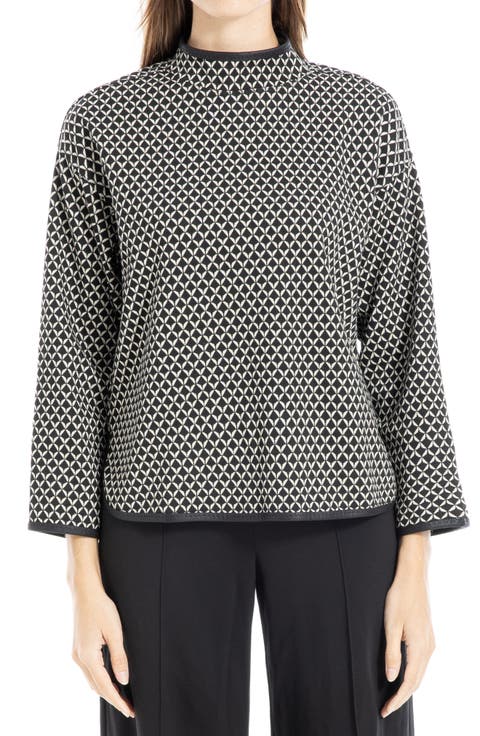 Houndstooth Funnel Neck Long Sleeve Top