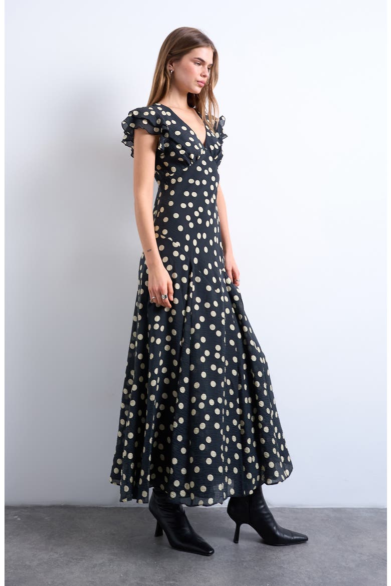 Flutter Sleeve Polka Dot V-Neck Midi Dress, Alternate, color, BLACK SPOT