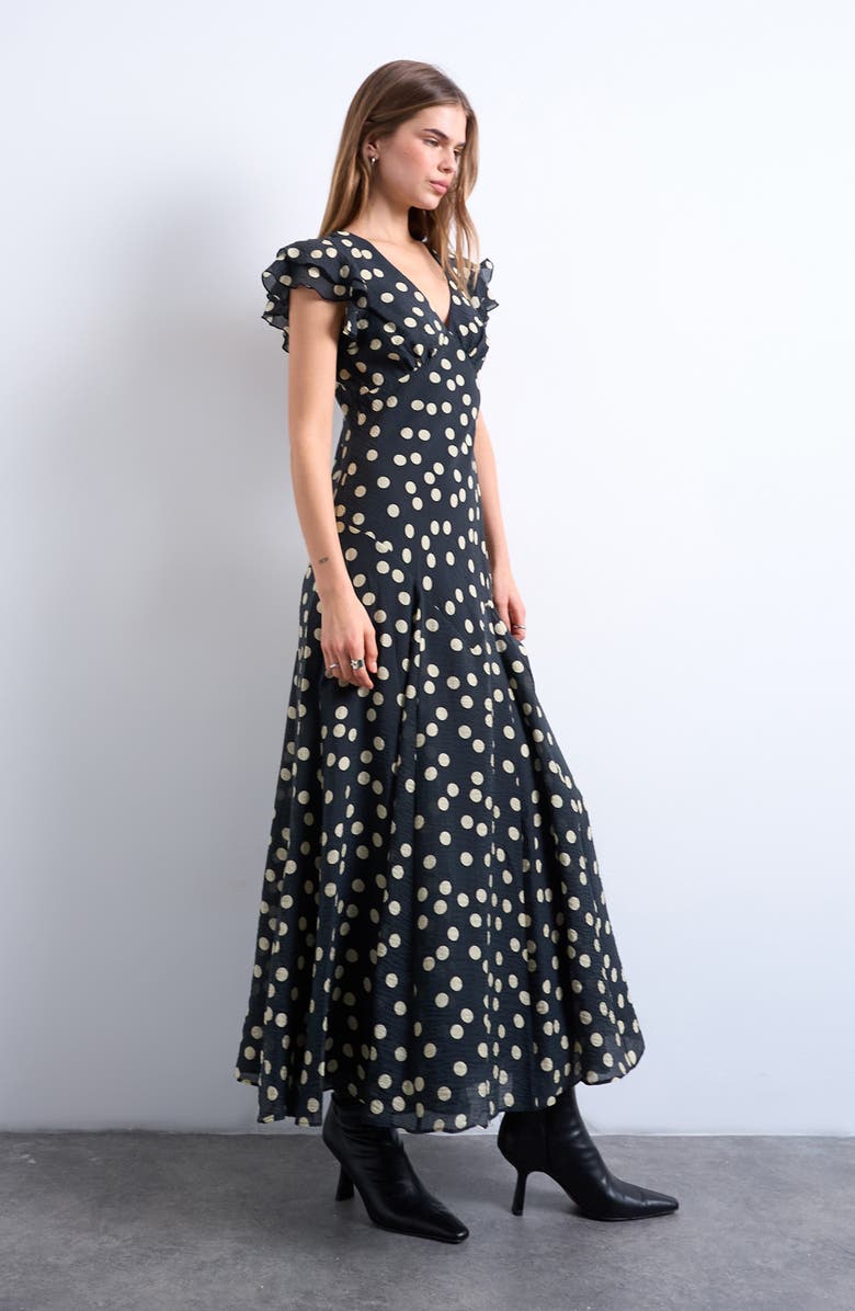 Topshop Flutter Sleeve Polka Dot V-Neck Midi Dress, Alternate, color, Black Spot