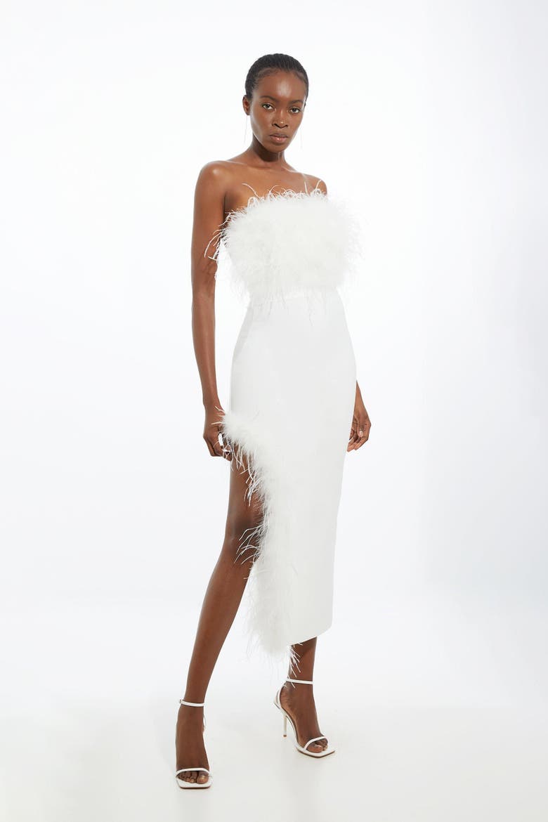 Feather Detail Bandeau Knit Midi Dress, Main, color, Ivory