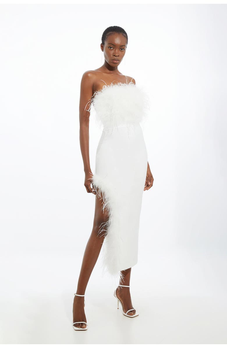 Karen Millen Feather Detail Bandeau Knit Midi Dress, Main, color, Ivory