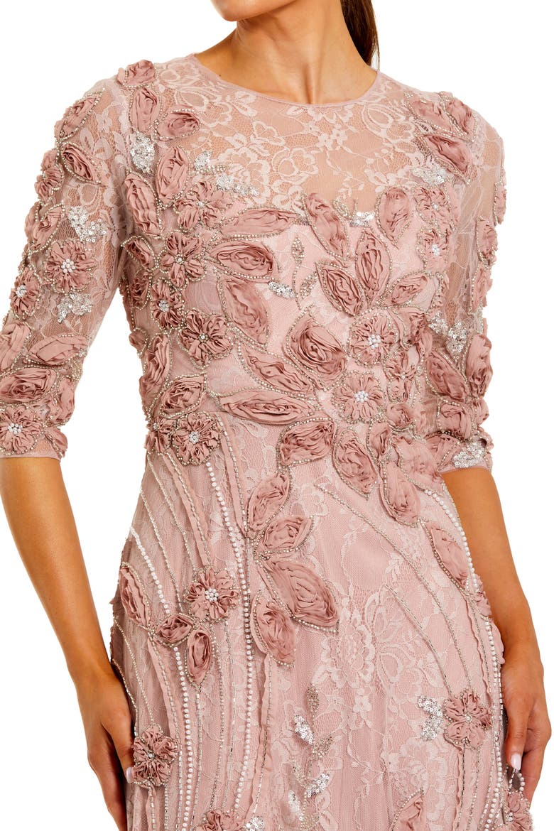 Petite High Neck Embellished Lace Gown with 3/4 Sleeves, Alternate, color, Mocha
