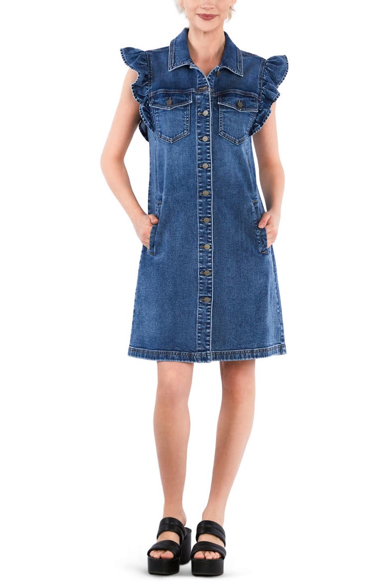 Ruffle Cap Sleeve Denim Dress, Alternate, color, SHARK BLUE
