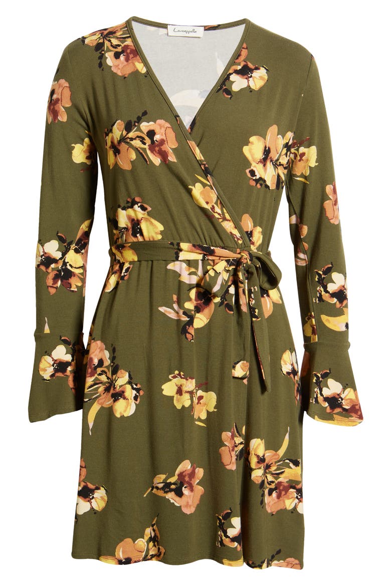 Floral Long Sleeve Faux Wrap Dress, Alternate, color, OLIVE