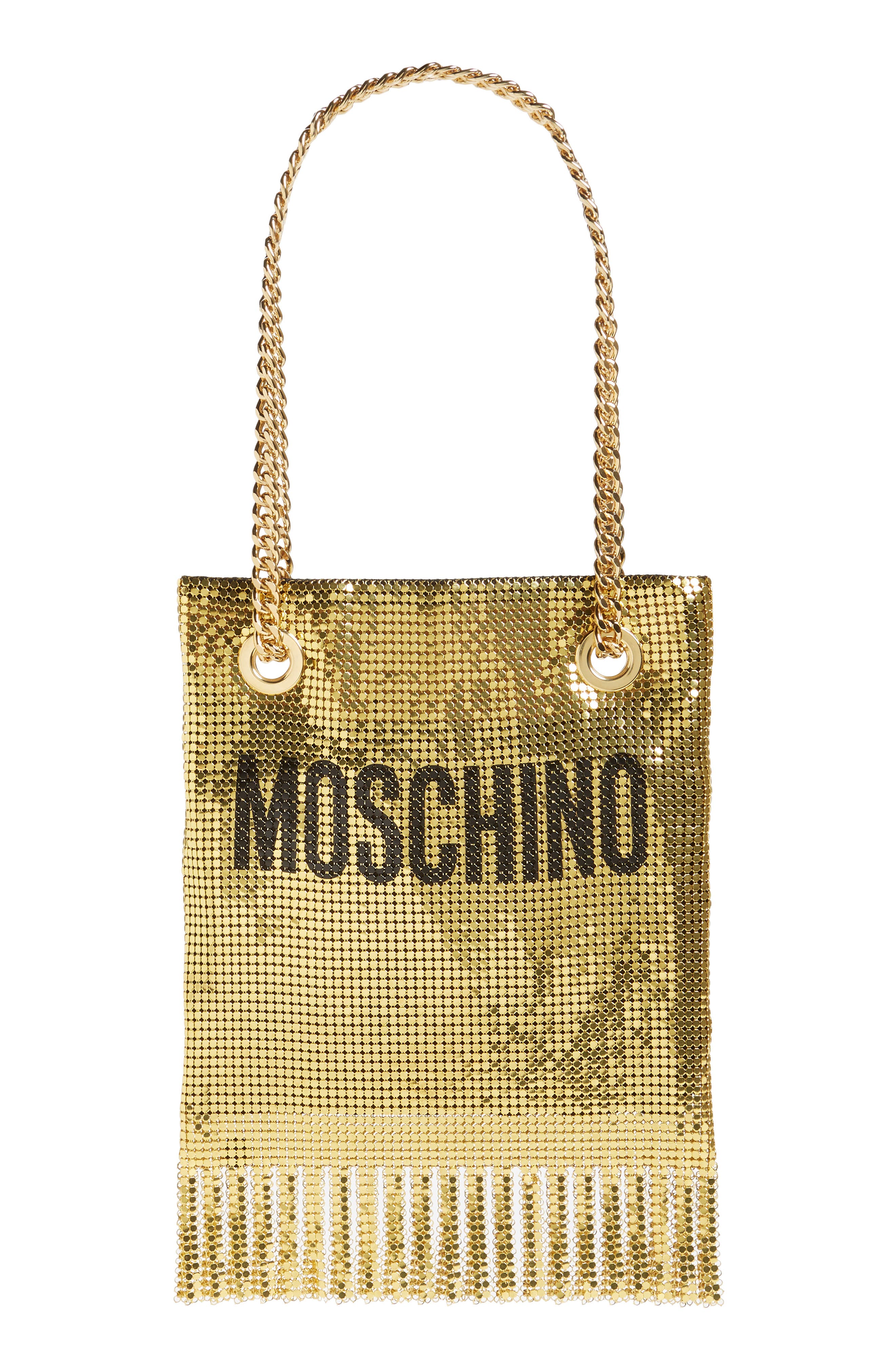 Moschino Logo Metallic Mesh Fringe Bag, Main, color, 