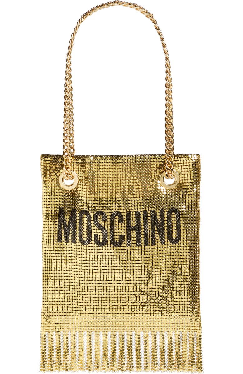Moschino Logo Metallic Mesh Fringe Bag, Main, color,
