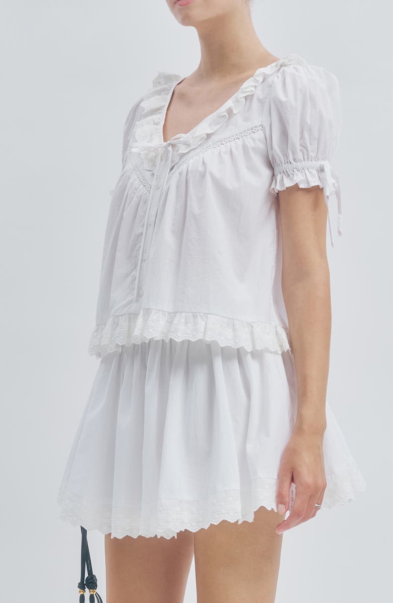 MAUDE CLUB Theo Ruffle Lace Inset Cotton Top, Alternate, color, White