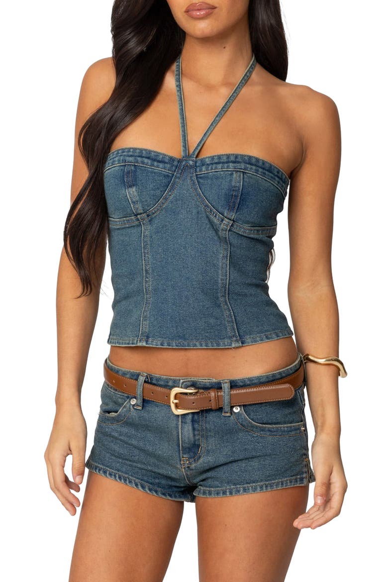 Jagger Denim Bustier Halter Top, Main, color, BLUE-WASHED
